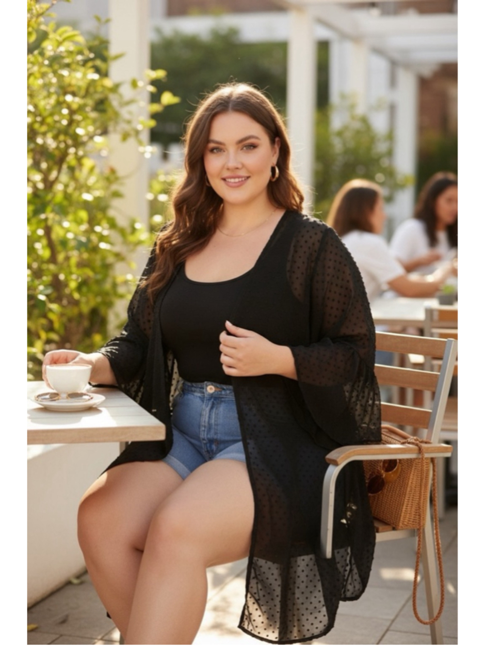 Shein Curve 2XL Black Sheer Polka Dot Kimono Cardigan Lightweight